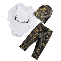 3PCS Crawl Walk Hunt Newborn Baby Boys Romper Tops Pants Hat Outfits Set Clothes Support wholesale