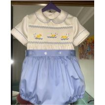 0-6Y Baby Boy Summer Short Sleeves Yellow Ducks Handmade Embrodery Smocked Blue Outfit Suit for Party Birthday Holiday A120