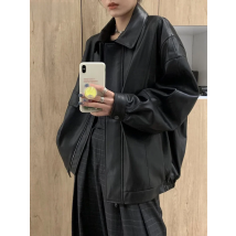 Lautaro Spring Autumn Cool Retro Casual Oversized Black Waterproof Soft Faux Leather Jackets for Women Zipper Elastic Waist 2022