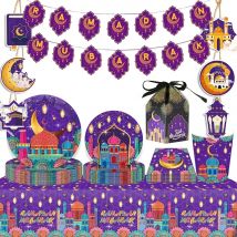 Eid Mubarak Party Tableware Ramadan Kareem Party Supplies Disposable Dinnerware Plates Napkins Cups for Eid Al-fitr Party Favors