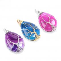 CSJA Gold Color Tree of Life Wire Wrap Water Drop Necklace & Pendant Reiki Natural Gem Stone Purple Blue Veins Onyx Jewelry E806