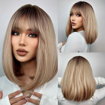 EASIHAIR Short Straight Bob Wigs with Bang Golden Brown Natural Synthetic Hair for Women Daily Cosplay Heat Resistant Fiber Wigs