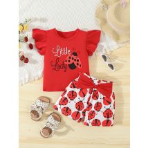 Estate adorabile coccinella vestito 2 pezzi set per neonate t-shirt senza maniche + pantaloncini causali neonato vestiti per neonata