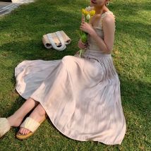 Summer Silky Skirt Elastic High Waist Glossy Silky Long Skirt Milk Silk A-line Long Skirts Women Beach Pearlescent Dress
