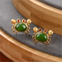 Silver inlaid natural Hetian jade small crab Earrings Chinese style retro fresh romantic dull Cute Charm women's jewelry