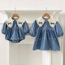 Spring Sisters Clothes Girls Bow Embroidery Lace Clothing Baby Romper Cotton Infant Bodysuit Princess Girls Sister Family Dress