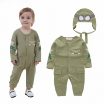 Baby Boy 2pc Set Infant Green Full Sleeves Pilot Aviator Romper+Hat 2pcs Set Playsuit Outfit Jumpsuit Rompers Halloween Costume