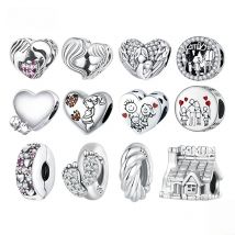 Bamoer Real 925 Sterling Silver Heart Beads Charm Mother & Daughter Pendant  for Mom Fit Bracelet Necklace Mother's Day Jewelry