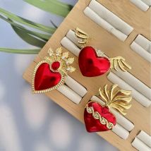 Copper Gold Plated Sacred Heart Rings for Girls Wings Zircon Red Enamel God Adjustable Ring Finger Bague Hommes Vintage Jewelry