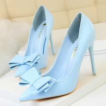 BIGTREE Red Blue Black Shoes Bowknot Sweet Woman Pumps Soft Leather Pointy Toe Women High Heels Stiletto Dress Office Lady Shoes