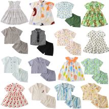 Brother And Sister Clothes 2025 Summer New Boys Two Piece Suit Or Short Sleeve Girls Graffiti Dress Cartoon Childrens Clothes