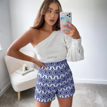 Klacwaya Women 2021 Blue Embroidery High Waist Shorts Fashion Lady Boho Style Shorts Vintage Side Zipper Chic Female Pants