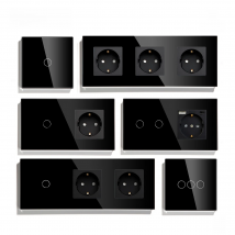BSEED EU Standard 1/2/3Gang 2Way Wall Touch Switch Light Sensor Switches Wall Socket USB Type-C Crystal Glass Panel 240V Black