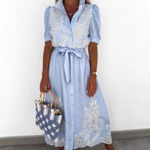 Spring Summer Women Lace-up Shirt Hollowed-out Dress Elegant Single Breasted Puff Sleeve Maxi Dress Bohemian Sundress Party Robe