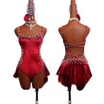 Pole Dancing Latin Dance Dress Steel Pipe Girl Costumes Skirt Performing Dress Adult Customize Children Stretch Velvet Wine  Red