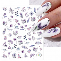 Purple Flower 3D Nail Stickers Green Leaf Floral Cherry Spring Nail Art Water Decals Sliders Manicure Butterfly Nail Tips Decor