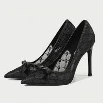 Lace Mesh Black Stiletto Shoes Women Summer New Hollow Out Breathable Medium Heel Large Size Women's Shoes