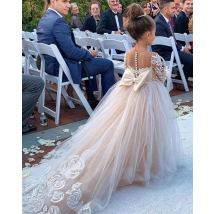 BABYONLINE Long Sleeve Flower Girl Dresses For Wedding Guest Kids Bridesmaid With Bow White Ivory Lace Tulle First Communion