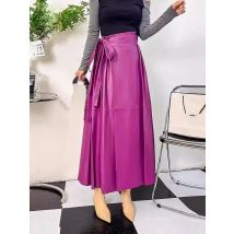 Chinese Style Vintage Women Lace Up High Waist Ankle Length Long Pleated Skirt Elegant Lady Sheepskin Genuine Leather Skirt 4XL