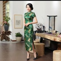 Sexy cheongsam classic Chinese style green  dress female wedding wedding satin cheongsam summer long temperament cheongsam