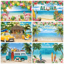 Summer Tropical Flower Aloha Photography Backdrop Hawaii Seaside Beach Palm Tree Flamingo Party Birthday Photo Background Custom