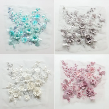 1Pc Grey White Embroidery Lace Fabric 3D Flowers Beads Sequin Applique Mesh Sewing Patch For Clothing  Evening Dress Crafts