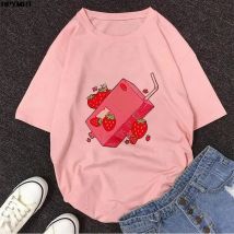 Summer New Pink Fashion Korean Style Women's Japanese Strawberry Juice Drink Printed Harajuku Casual Loose Kawaii Female T Shirt