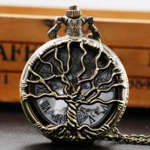 Tree of Life Hollow Carved Ink Sketch Painting Dial Vintage Quartz Pocket Watch Necklace Pendant Gifts For Women Or Man