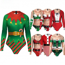 NADANBAO Women Christmas Party Print Monokini One Piece Long sleeve Sports Surfing Women's Swimming Bathing Suit Beach Bather