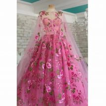 Romantic Pink Evening Dress Flower Embroidery Lace A-Line Prom Dresses Fairy with Jacket Party Dresees For Girls Graduation 2022