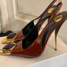 Ladies' Elegant Retro Pointed-toe Shallow Mouth Gemstone High-heeled New Metal Patent Leather One-strap Heel Sandals