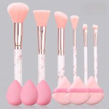 12PCS pink set 6pcs marble brush set +3pcs super soft and delicate powder free makeup egg +3pcs soft setting triangle Puff