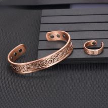 Vinterly Magnetic Copper Bracelet Ring Health Energy Jewelry Sets for Women Men Vintage Adjustable Cuff Ring Bracelets Bangles