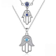 KALETINE Turkish Crystal Evil Eye Hand Hamsa Pendant Necklace Women 925 Sterling Silver Jewelry Hollow Out Clavicle Link Chain