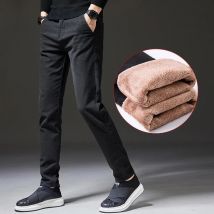OUSSYU 2025 Winter New Men's Warm Casual Pants Business Fashion Slim Fit Stretch Thicken Gray Blue Black Cotton Trousers Male