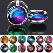 Galaxy Planet Keychain Glow In The Dark Nebula Universe Outer Space Double Face Glass Pendant Key Ring Luminous Jewelry Gift