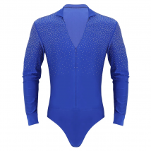 Mens Shiny Rhinestones Latin Tango Rumba Dance Shirt V-neck Stand Collar Long Sleeve Ballroom Leotard Bodysuit Shirt Tops