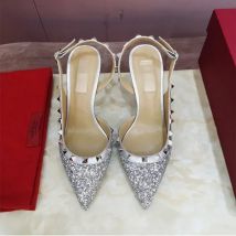 Woman Sandals Silver Sequins Slingbacks Pointed Toe Rivet Sandals Luxury Brand Gladiator Shoes Elegant Women's Heels Party Pumps
