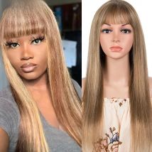 Lekker Highlight Brown Blonde 613 Straight Human Hair Wig With Air Bangs For Women Brazilian Remy Hair Colored Glueless Wigs
