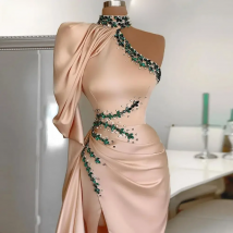 Champagne Mermaid Evening Dresses Long 2025 New High Collar High Slit One Shoulder Crystal Dubai Saudi Arabic Formal Prom Gowns
