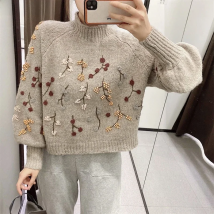 Women's Vintage Korean Long Sleeve Pullover Chic Flowers Beaded Fashion Harajuku Knitted  Sweater Keeps Warm  Autumn and Winter