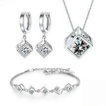 Real 925 Sterling Silver Drop Earrings Square Crystal Pendant Necklace Extend Bracelet For Women Jewelry Sets FQL22087