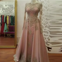 Customized Elegant Long Sleeves Evening Gowns Neck Appliques Beading Tulle Pink Floor Length Women Dresses Formal Prom Gowns