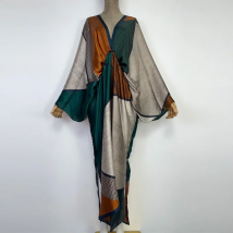 WINYI 2025 summer Retro Printed Party Long Dress Women Elegant kaftan Deep V Neck long Sleeve Dress Ladies Fashion Beach Dresses