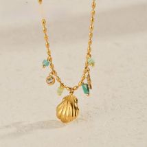 Freeteeme Fashion Shell Zircon Star Necklace for Women Girl Stainless Steel Ocean Series Gold Color Pendant Jewelry Holiday Gift