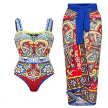 2 Pieces Retro Printed Swimsuit With Cover Up Sexy Women Swimwear 2025 V Neck Bikinis Female Biquini 3XL Bodysuit Beachwear