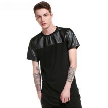 Harajuku Hip Hop T Shirt Men Patchwork Leather T-shirt Streetwear Men Skate Tee Shirts Arc hem Swag Clothes Camisetas XXL