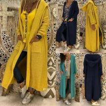 Long Sweater Women Knitted Cardigan Autumn Winter Solid Color Loose Hooded Pocket Casual Fashion Sweaters Lugentolo