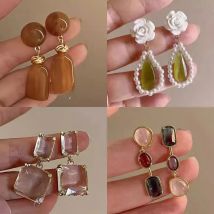 French Long Colored Transparent Resin Stone Clip on Earrings No Piercing Temperament Geometrical Ear Clips Cuff for Women Party