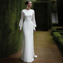 Meerjungfrau-Hochzeitskleid, lange Puffärmel, O-Ausschnitt, Trompete, Brautkleider für Frauen, 2023, Braut, rückenfrei, Knöpfe, elegantes Brautkleid